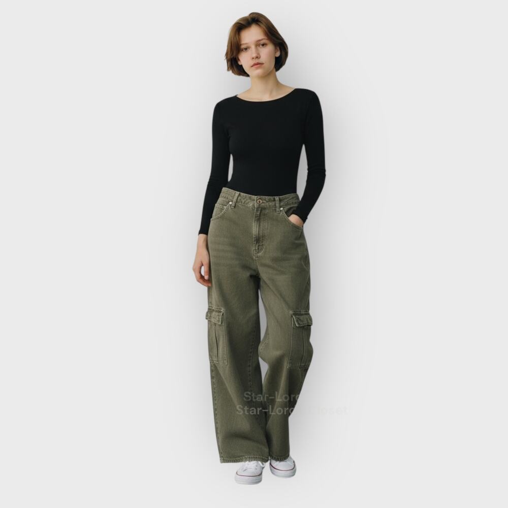 Zara Olive Green 0 Cargo Pants High Rise Wide Leg Y2K Baggy Avante Garde Street - Picture 5 of 8